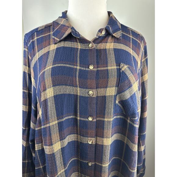 Torrid Lizzie Crinkle Flannel Gauze Button Up Tunic Navy Plaid Plus Size 3 3X - Picture 3 of 13